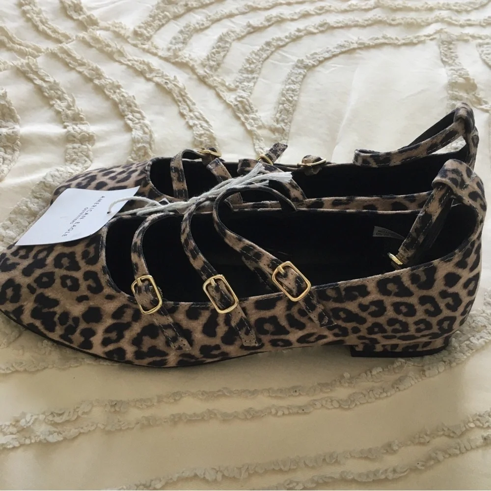 American Eagle Outfitters Leopard-Print Buckled Ankle Flats - Tan & Black 8